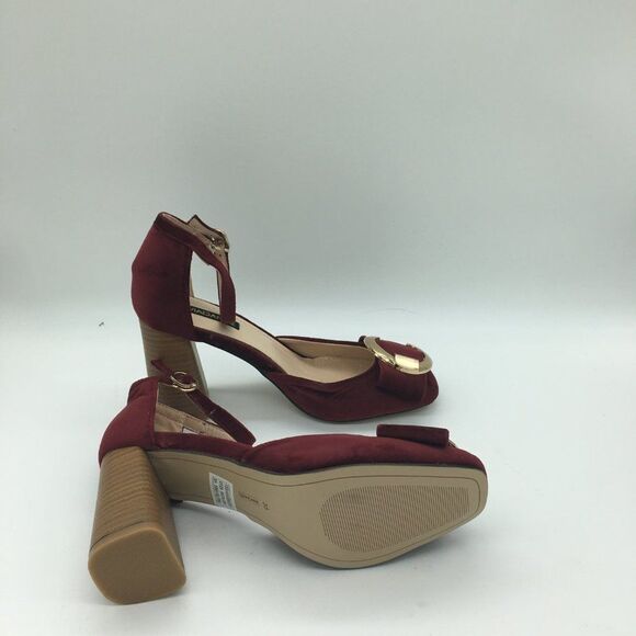 Red Round Toe Pumps Chunky Mid Heel Ankle Strap Dress Shoes - Picture 6 of 10